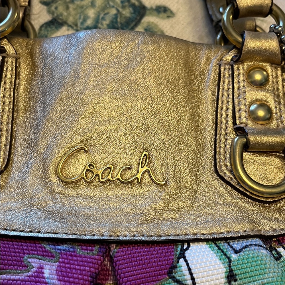 Coach Floral Tote in Green, Pink & Gold Accents - Picture 2 of 12